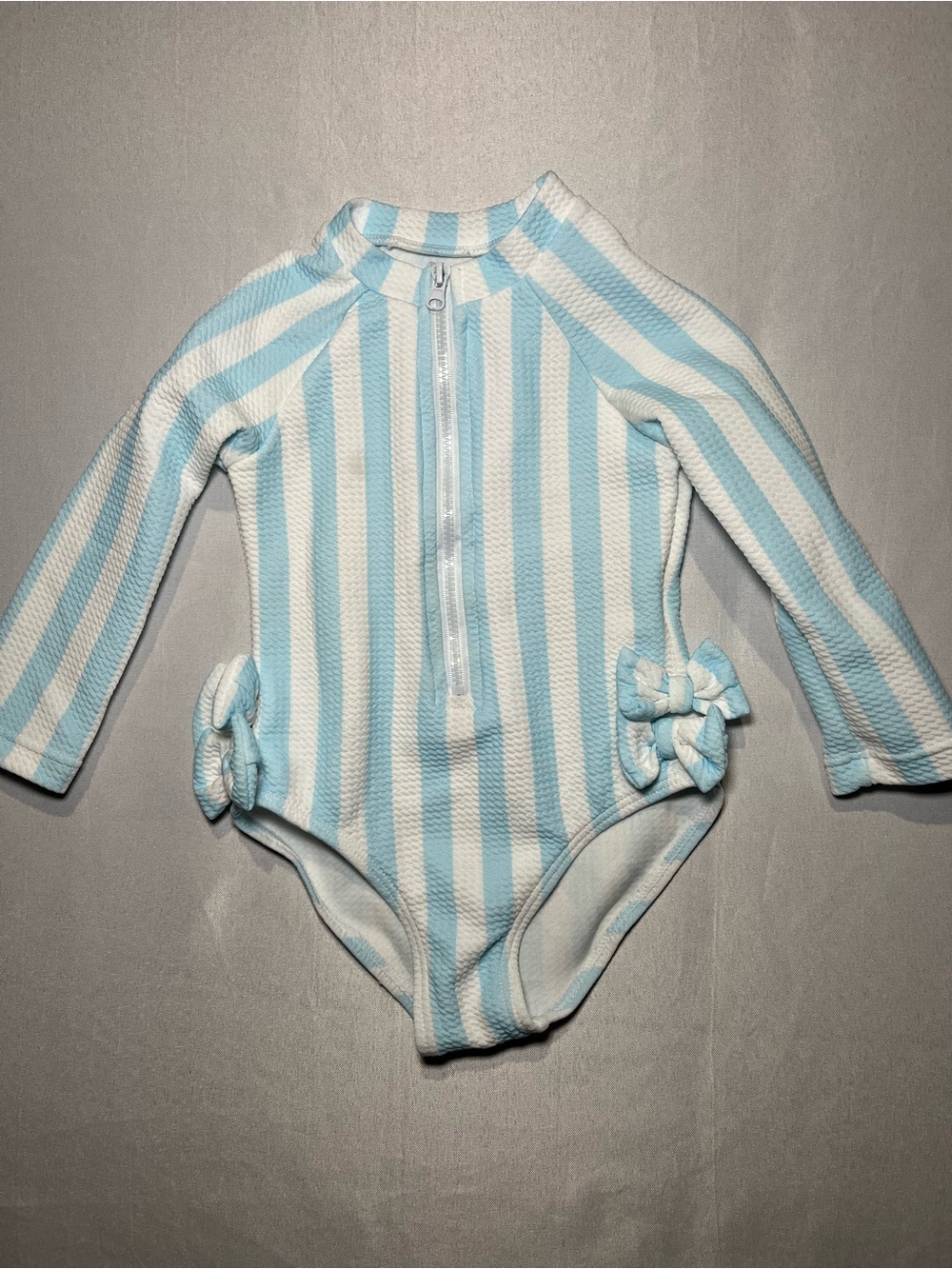 Toddler Girl 2T Striped Blue & White Long-Sleeve One-Piece Full Zip Swimsuit